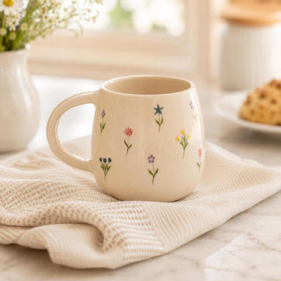 Keramikbecher mit Wildblumenmuster, handbemalte Kaffeetasse 350 ml, botanische Keramiktasse, cremefarben, 1 Stück
