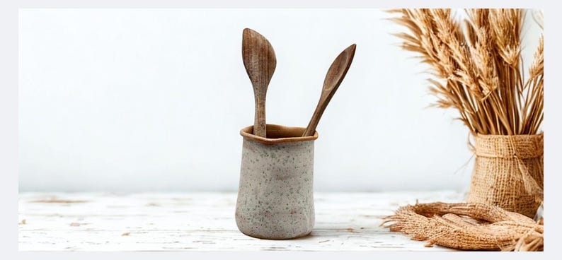 Steinzeug Keramik Küchenutensilienhalter, Handgefertigter Kochlöffelhalter, Rustikaler Küchenorganizer, 10x15 cm