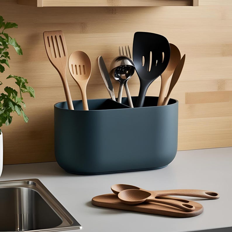 Utensilienhalter mit 2 Fächern, 230 x 123 x 120 mm, Minimalistischer Küchen-Organizer, Modern, Freistehend