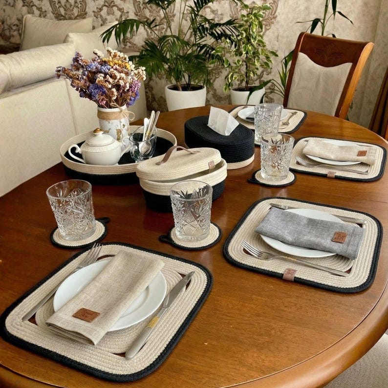 Quadratische Tischsets aus Baumwollseil, gewebte Tischsets im Landhausstil, moderne Küchentischdekoration