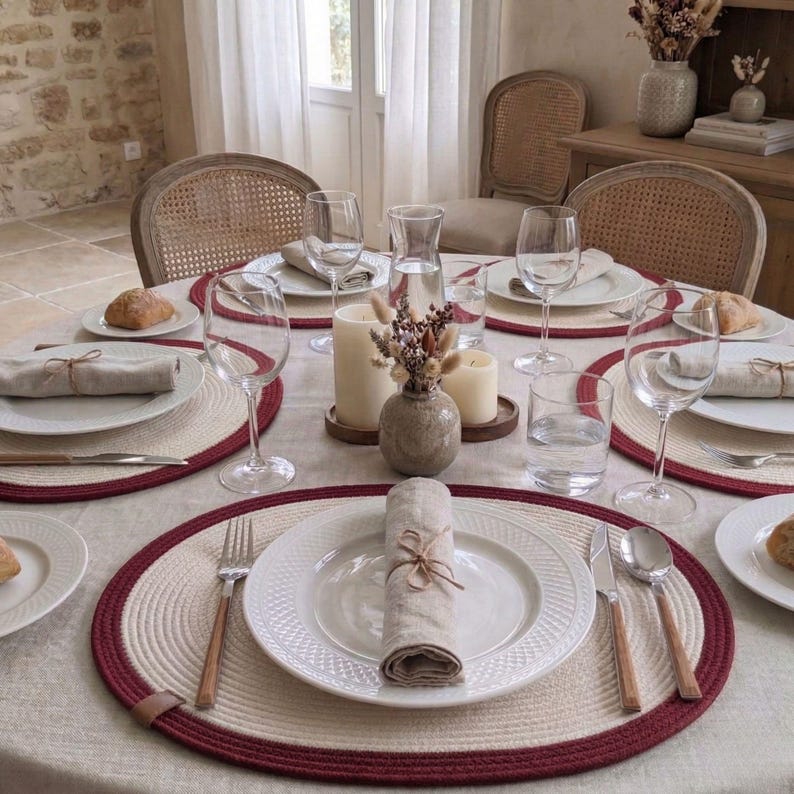Ovale Tischsets aus Baumwollseil, zweiteiliges Set, gewebte Tischsets im Bohème-Landhausstil, handgefertigte rustikale Tischdekoration