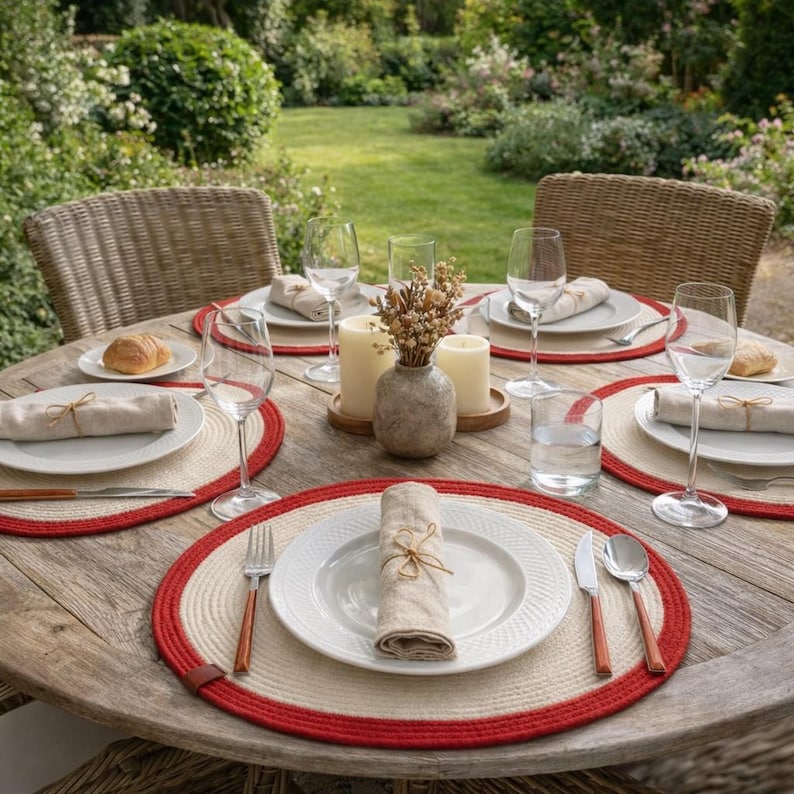 Ovale Tischsets aus Baumwollseil, zweiteiliges Set, gewebte Tischsets im Bohème-Landhausstil, handgefertigte rustikale Tischdekoration
