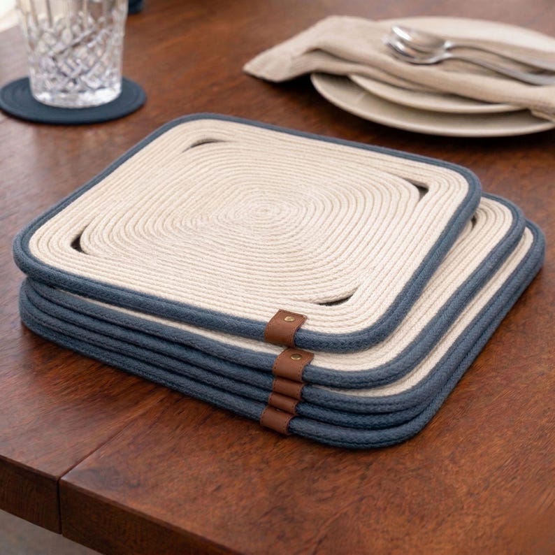 Quadratische Tischsets aus Baumwollseil, gewebte Tischsets im Landhausstil, moderne Küchentischdekoration