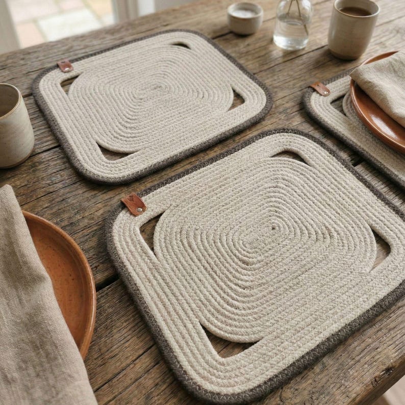 Quadratische Tischsets aus Baumwollseil, gewebte Tischsets im Landhausstil, moderne Küchentischdekoration
