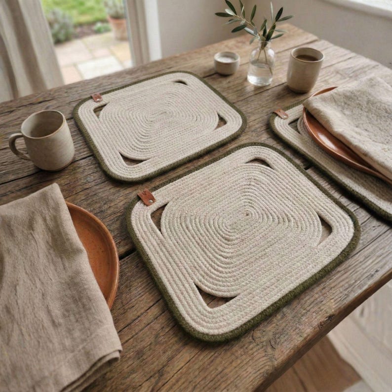 Quadratische Tischsets aus Baumwollseil, gewebte Tischsets im Landhausstil, moderne Küchentischdekoration