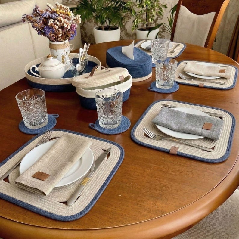 Quadratische Tischsets aus Baumwollseil, gewebte Tischsets im Landhausstil, moderne Küchentischdekoration