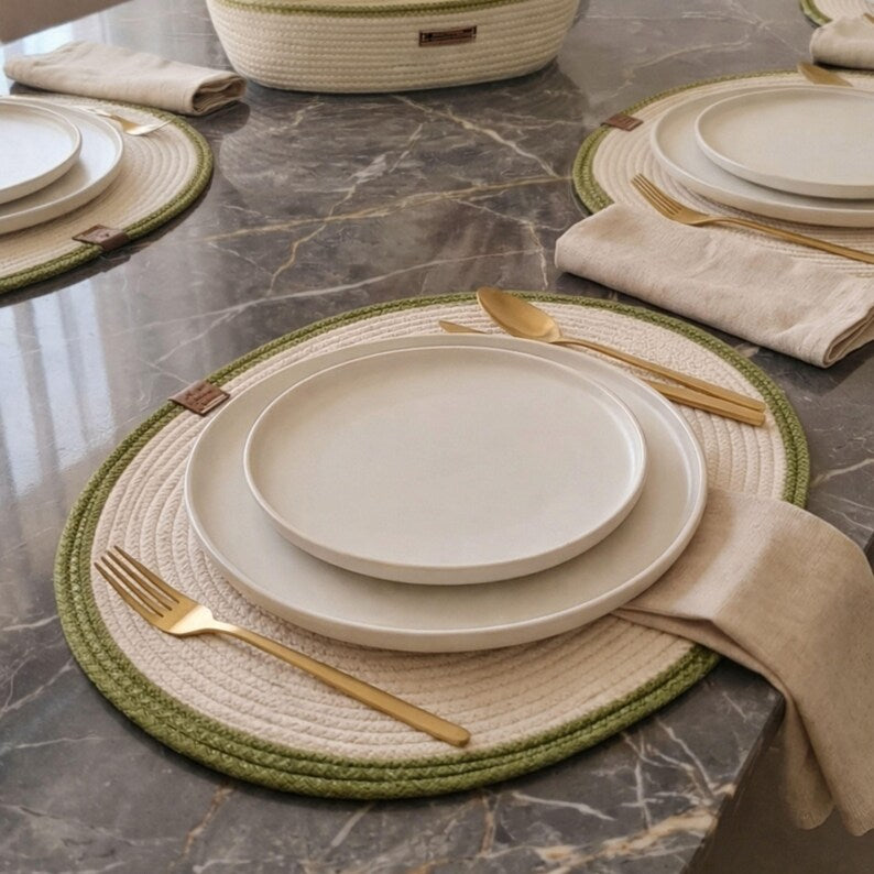 Ovale Tischsets aus Baumwollseil, zweiteiliges Set, gewebte Tischsets im Bohème-Landhausstil, handgefertigte rustikale Tischdekoration