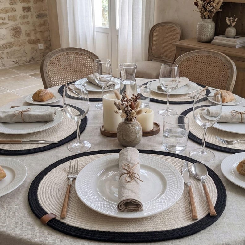 Ovale Tischsets aus Baumwollseil, zweiteiliges Set, gewebte Tischsets im Bohème-Landhausstil, handgefertigte rustikale Tischdekoration