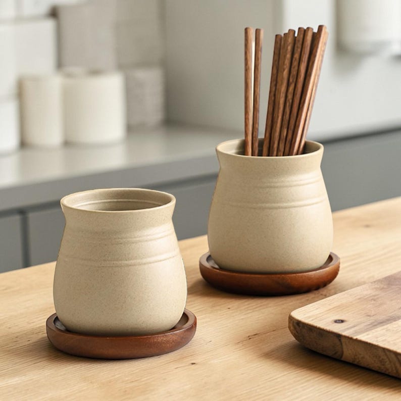 Keramik Utensilienhalter Set mit Naturholzsockel, rustikaler Küchentopf Organizer, 13 cm x 11 cm, 1 Stück