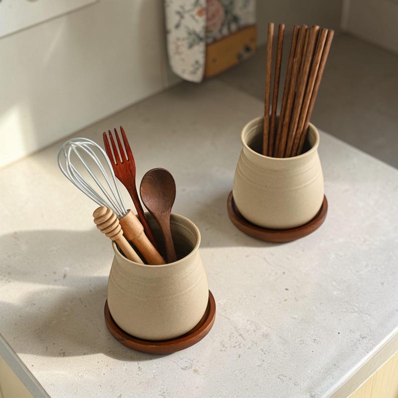 Keramik Utensilienhalter Set mit Naturholzsockel, rustikaler Küchentopf Organizer, 13 cm x 11 cm, 1 Stück