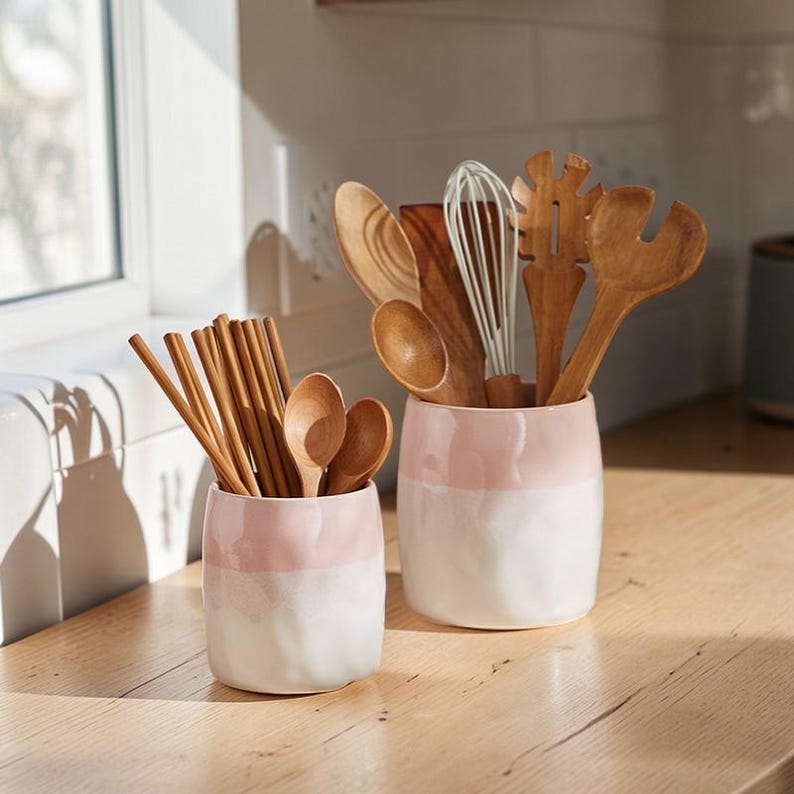 Keramik-Utensilienhalter-Set, Rosa Glasiert, Küchen-Organizer für Löffel, Schneebesen, Essstäbchen, 14 cm