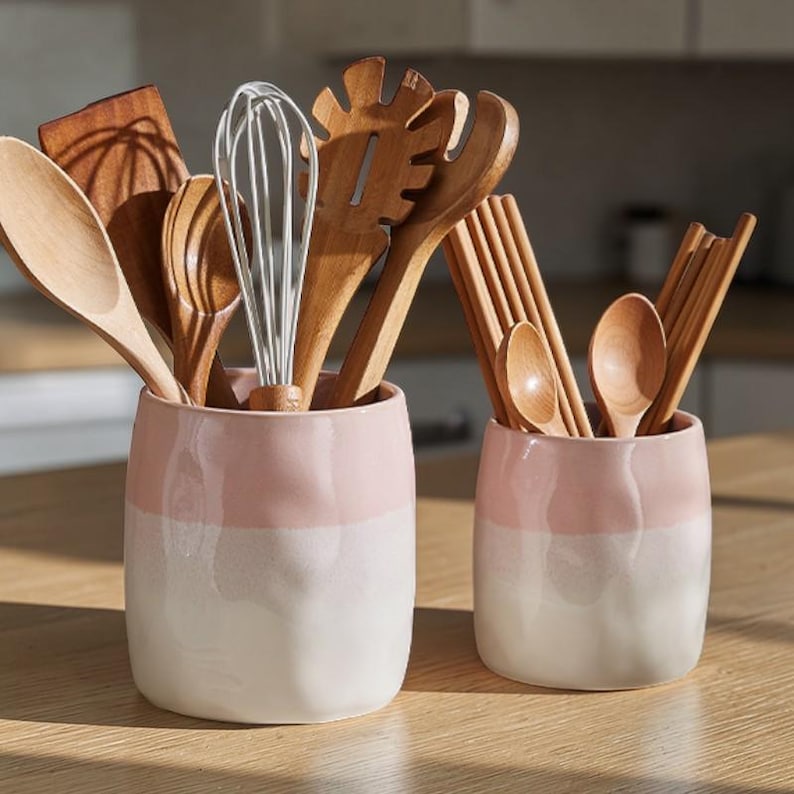 Keramik-Utensilienhalter-Set, Rosa Glasiert, Küchen-Organizer für Löffel, Schneebesen, Essstäbchen, 14 cm
