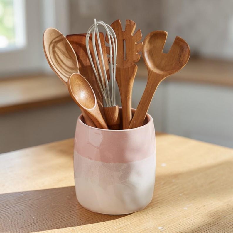 Keramik-Utensilienhalter-Set, Rosa Glasiert, Küchen-Organizer für Löffel, Schneebesen, Essstäbchen, 14 cm