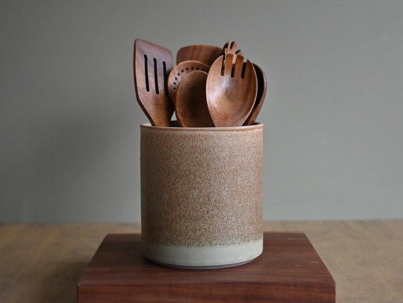 Großer Utensilienhalter aus grauem Porzellan, 18–20 cm, Küchen-Organizer