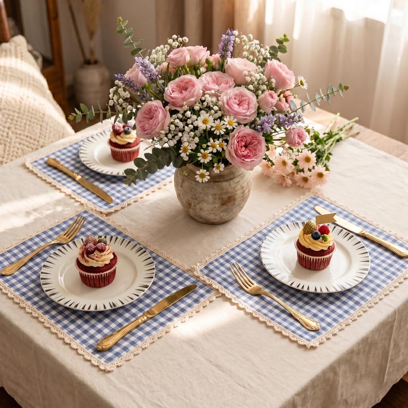 Gingham-Platzset mit Spitzenborte, karierte Tischunterlage aus Baumwollmix, 12 x 16 Zoll, Tischwäsche im Landhausstil