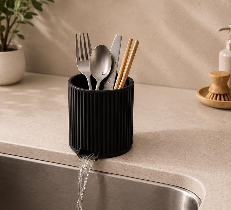 Utensilienhalter mit Ablaufschale, Besteckorganizer, geripptes Design, für Küchenutensilien