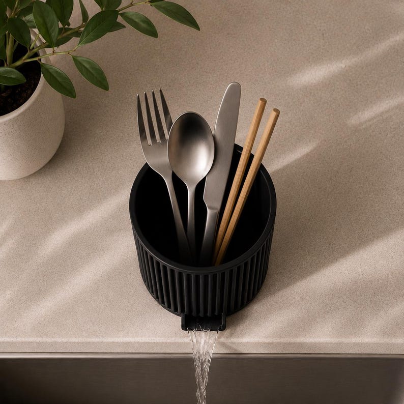 Utensilienhalter mit Ablaufschale, Besteckorganizer, geripptes Design, für Küchenutensilien