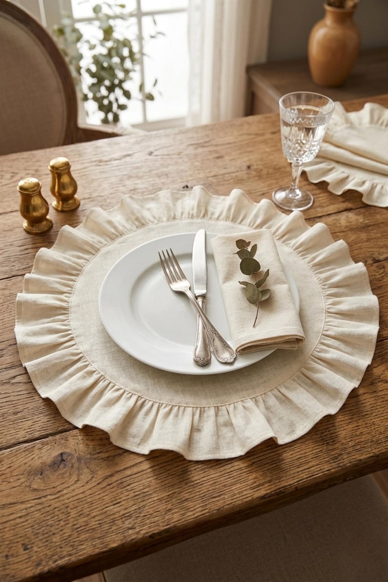 Schwarzes, gerüschtes Platzset (40 cm) — Platzset aus Leinen