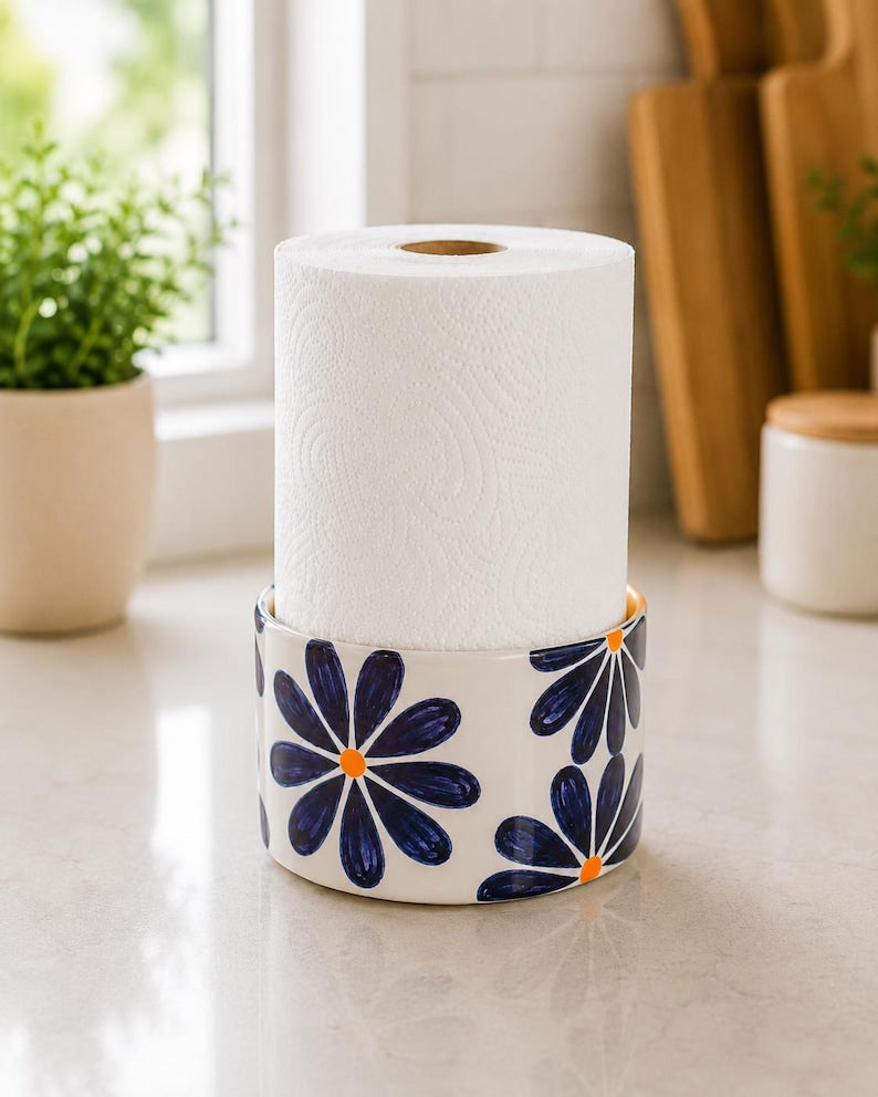 Küchenrollenhalter aus Keramik mit violettem Gänseblümchen-Motiv, handbemalter Küchenorganizer, cremefarbene Hochglanz-Oberfläche