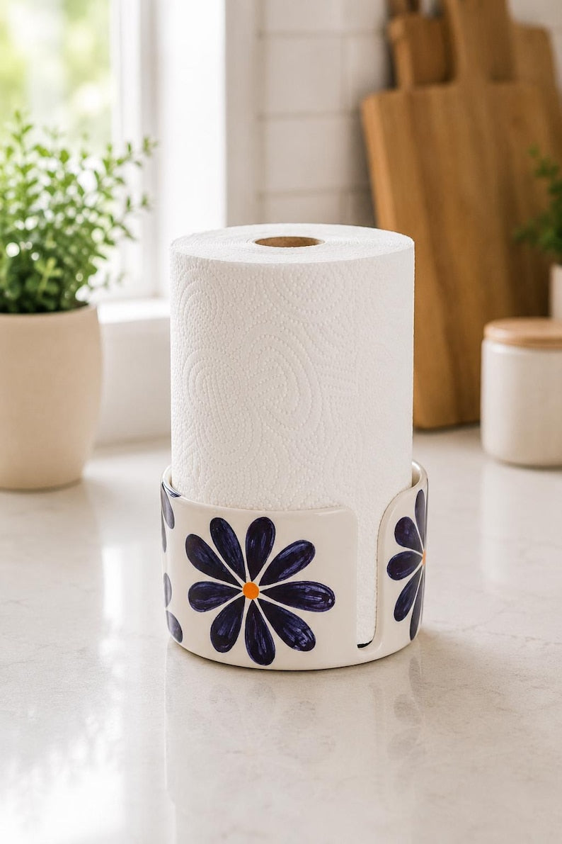 Küchenrollenhalter aus Keramik mit violettem Gänseblümchen-Motiv, handbemalter Küchenorganizer, cremefarbene Hochglanz-Oberfläche