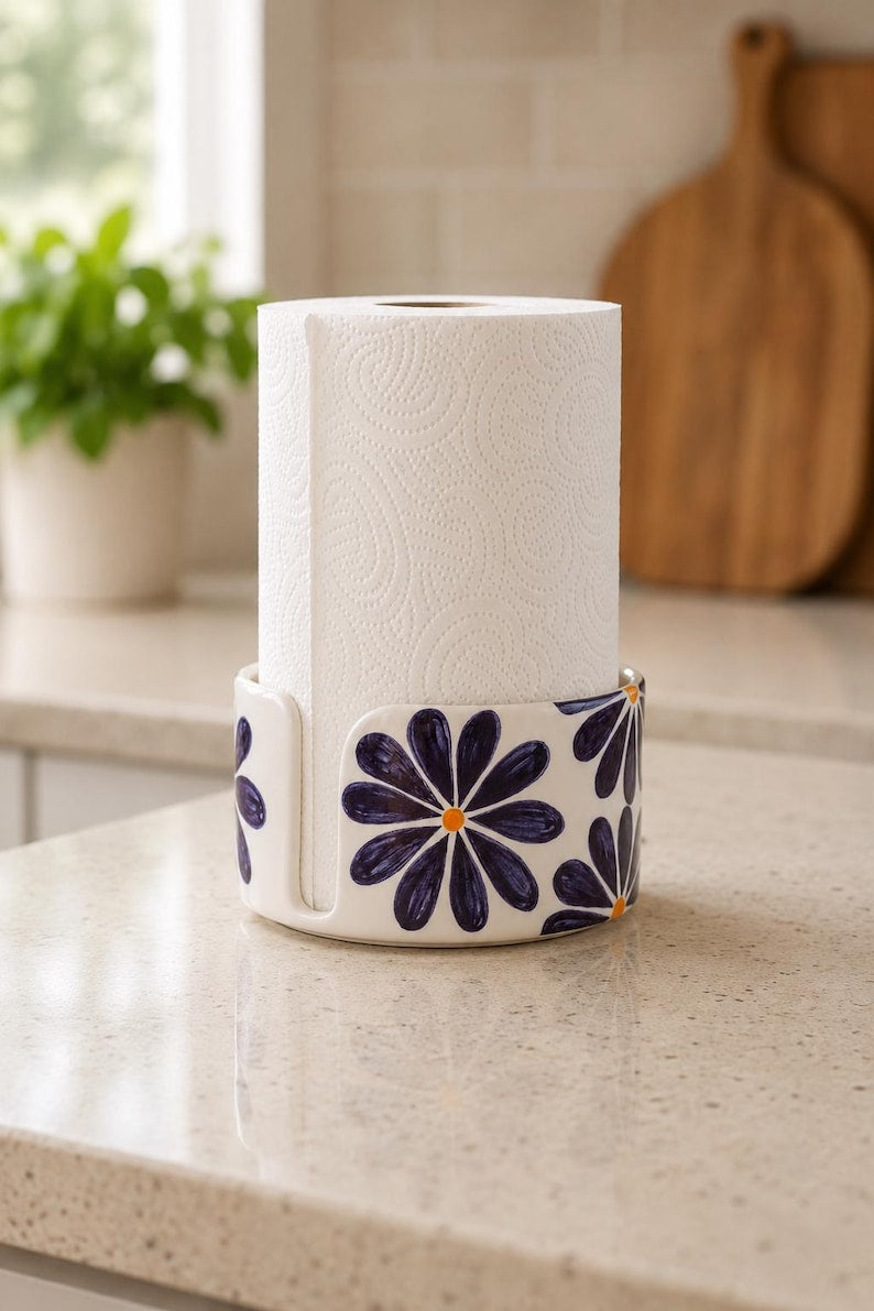 Küchenrollenhalter aus Keramik mit violettem Gänseblümchen-Motiv, handbemalter Küchenorganizer, cremefarbene Hochglanz-Oberfläche