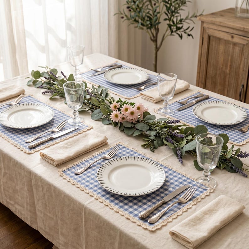 Gingham-Platzset mit Spitzenborte, karierte Tischunterlage aus Baumwollmix, 12 x 16 Zoll, Tischwäsche im Landhausstil