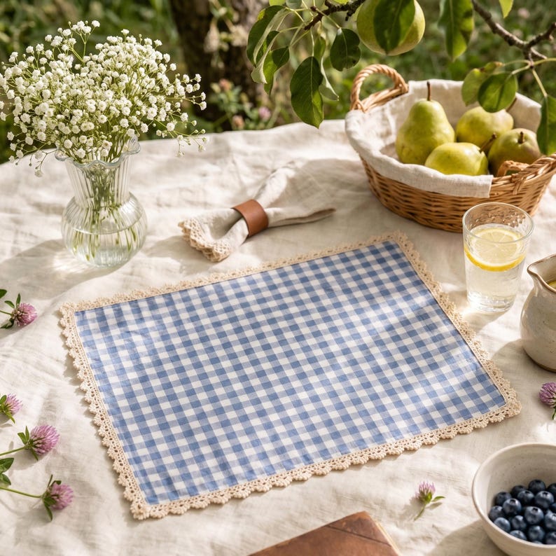 Gingham-Platzset mit Spitzenborte, karierte Tischunterlage aus Baumwollmix, 12 x 16 Zoll, Tischwäsche im Landhausstil