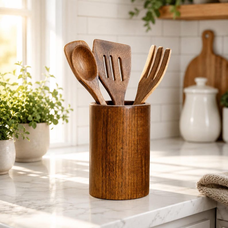 Bambus Utensilienhalter, Aufbewahrungs-Organizer für Küche und Schreibtisch, 8,7 cm Durchmesser, 14,7 cm Höhe, Naturholz