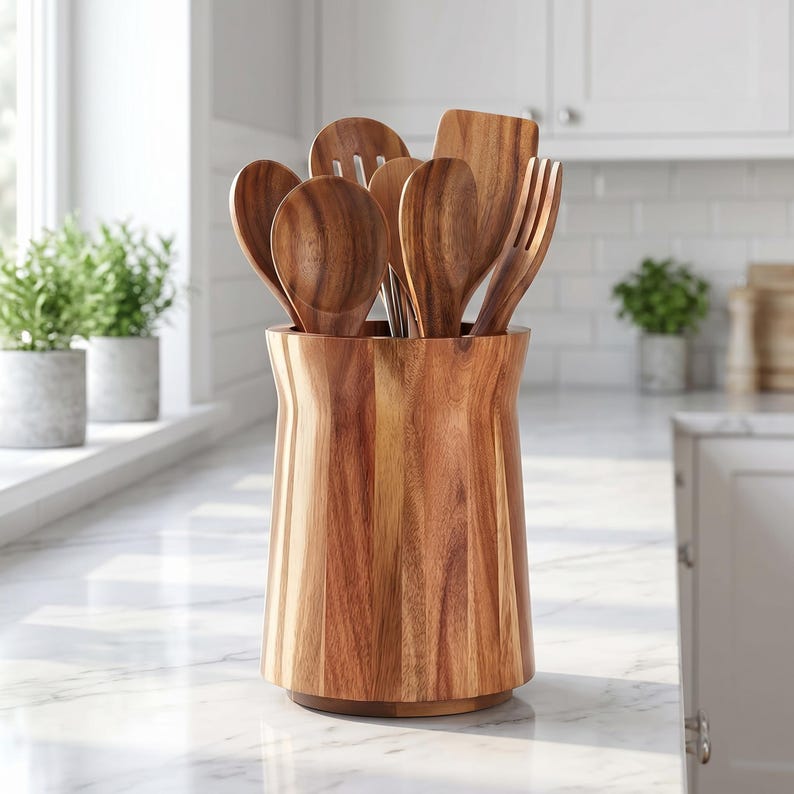 Drehbarer Utensilienhalter aus Naturholz – 360° Küchenorganizer, 2 Größen, Landhausstil