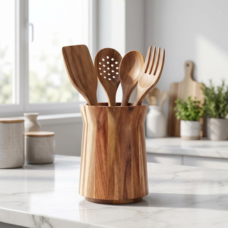 Drehbarer Utensilienhalter aus Naturholz – 360° Küchenorganizer, 2 Größen, Landhausstil