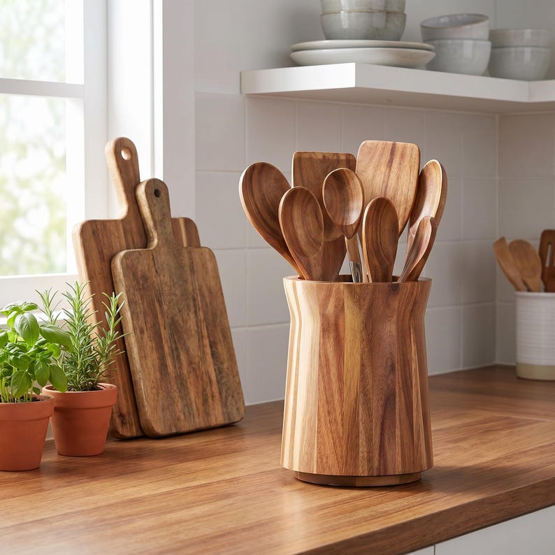Drehbarer Utensilienhalter aus Naturholz – 360° Küchenorganizer, 2 Größen, Landhausstil