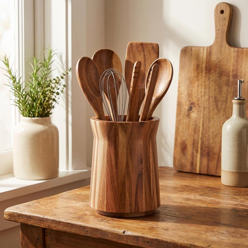 Drehbarer Utensilienhalter aus Naturholz – 360° Küchenorganizer, 2 Größen, Landhausstil