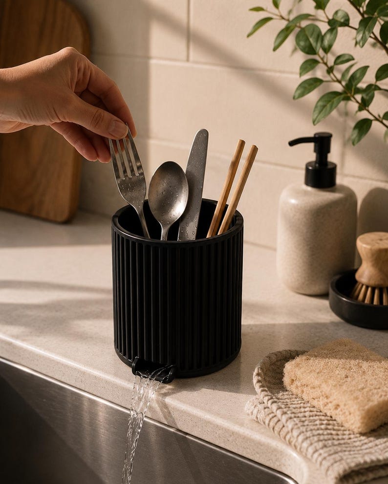 Utensilienhalter mit Ablaufschale, Besteckorganizer, geripptes Design, für Küchenutensilien