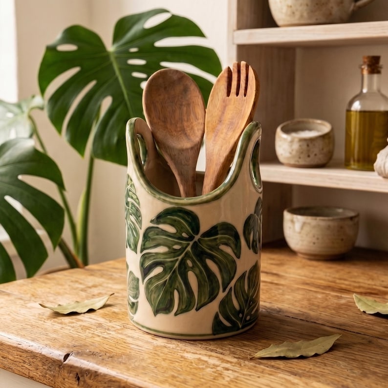 Keramik Utensilienhalter mit Monstera Blatt Design, handbemalt, Küchentopf für Löffel und Kochutensilien, grün-creme, 1 Stück