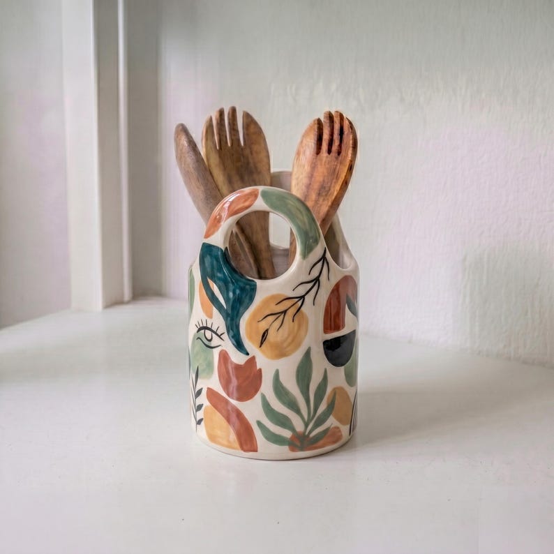 Keramik-Utensilienhalter, handbemalter Küchenbehälter, Löffelhalter, Boho-Küchendekoration
