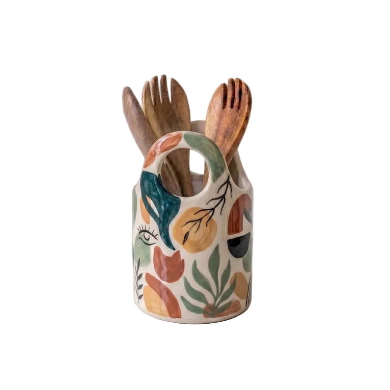 Keramik-Utensilienhalter, handbemalter Küchenbehälter, Löffelhalter, Boho-Küchendekoration