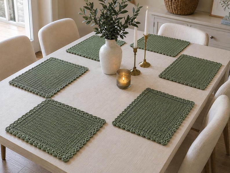 Gehäkeltes Platzset im Landhausstil, salbeigrün, 30 x 45 cm