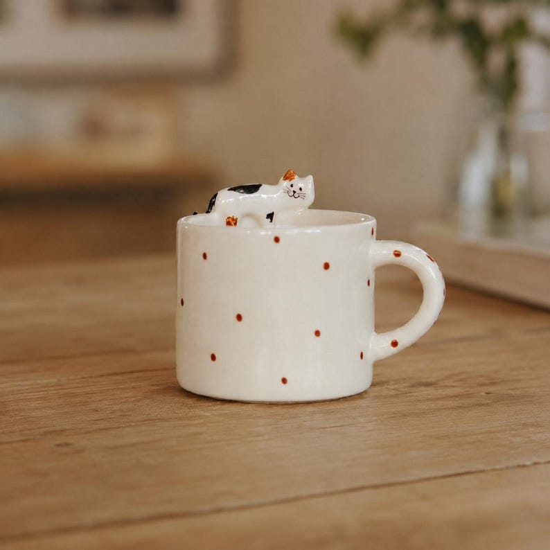 Handgefertigte Keramiktasse mit Katzenmotiv, weiße Kaffeetasse mit 3D-Katzen-Detail, ca. 350 ml (12 oz)