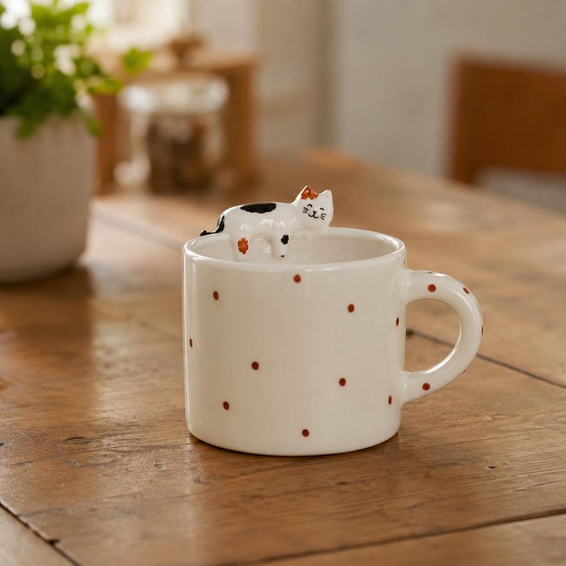 Handgefertigte Keramiktasse mit Katzenmotiv, weiße Kaffeetasse mit 3D-Katzen-Detail, ca. 350 ml (12 oz)