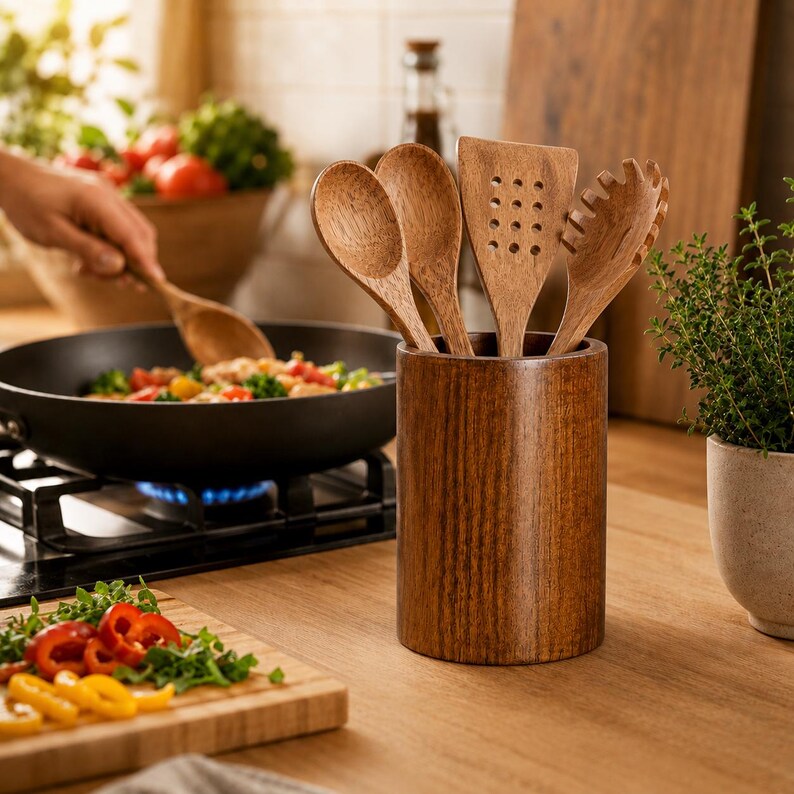 Bambus Utensilienhalter, Aufbewahrungs-Organizer für Küche und Schreibtisch, 8,7 cm Durchmesser, 14,7 cm Höhe, Naturholz