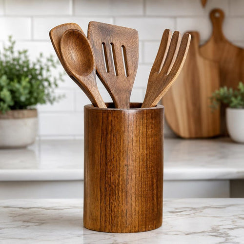 Bambus Utensilienhalter, Aufbewahrungs-Organizer für Küche und Schreibtisch, 8,7 cm Durchmesser, 14,7 cm Höhe, Naturholz