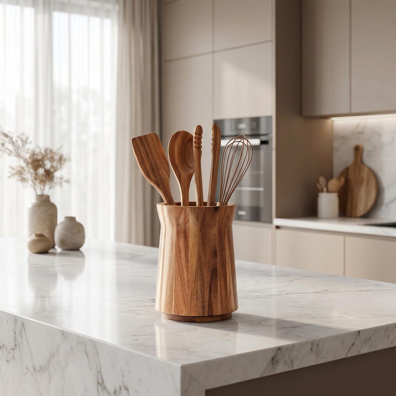 Drehbarer Utensilienhalter aus Naturholz – 360° Küchenorganizer, 2 Größen, Landhausstil