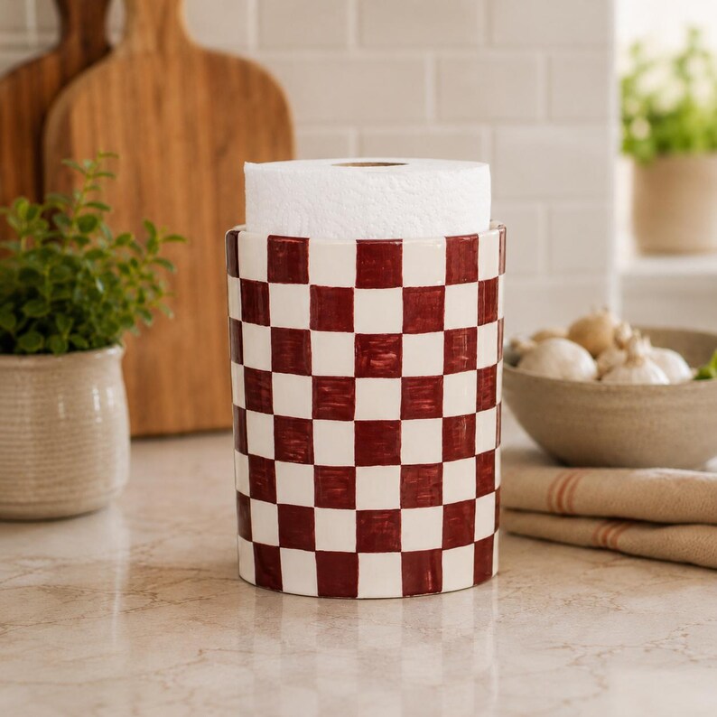 Keramik-Küchenrollenhalter mit burgunderrot-cremefarbenem Karomuster – freistehendes Küchenaccessoire, handbemaltes Retro-Schachbrettdesign, glänzend glasierte Oberfläche