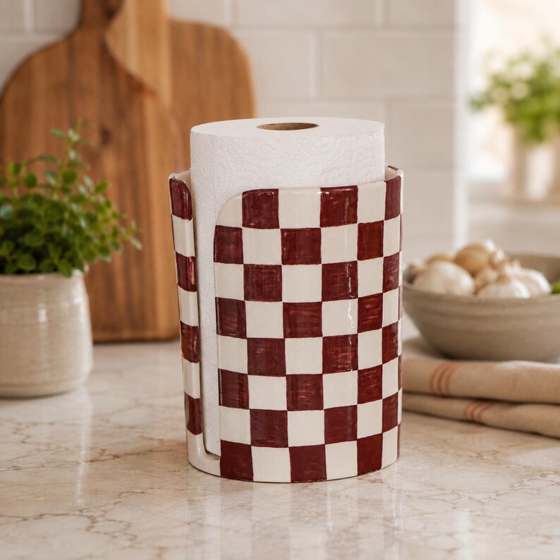Keramik-Küchenrollenhalter mit burgunderrot-cremefarbenem Karomuster – freistehendes Küchenaccessoire, handbemaltes Retro-Schachbrettdesign, glänzend glasierte Oberfläche
