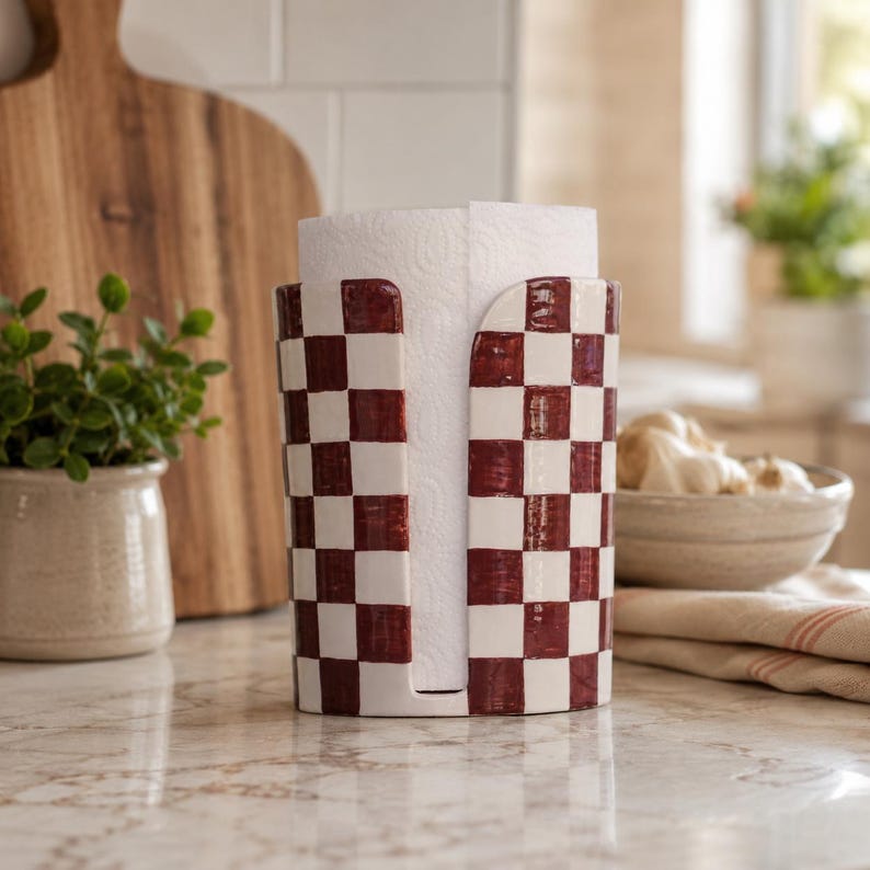 Keramik-Küchenrollenhalter mit burgunderrot-cremefarbenem Karomuster – freistehendes Küchenaccessoire, handbemaltes Retro-Schachbrettdesign, glänzend glasierte Oberfläche
