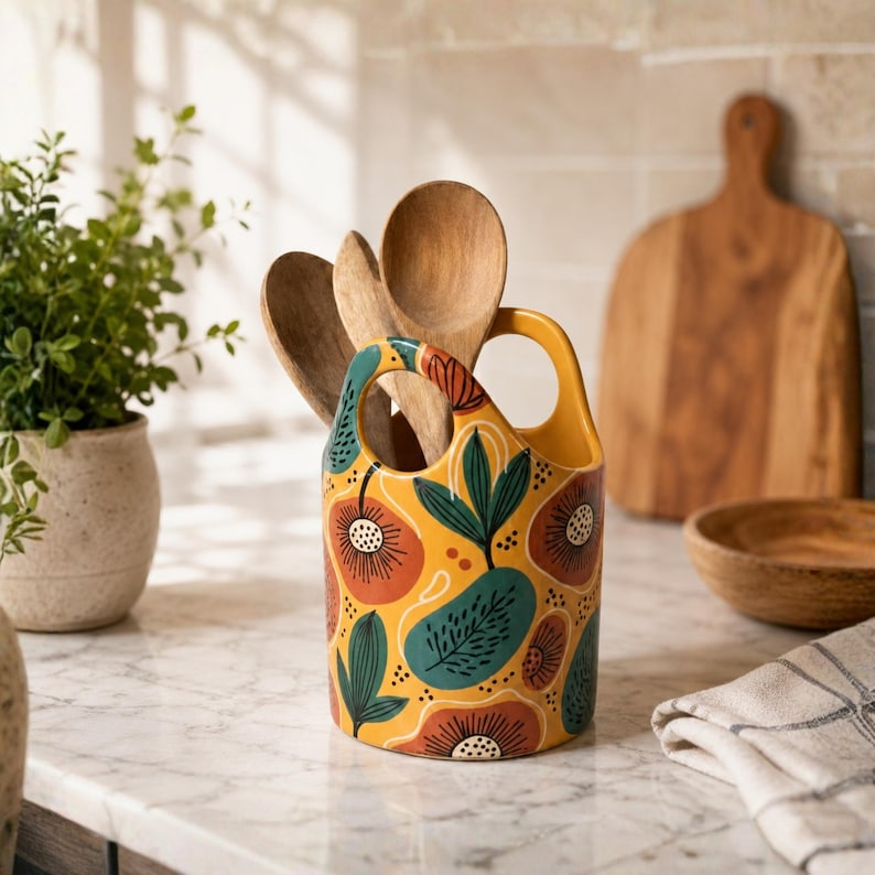 Handbemalter Keramik-Utensilienhalter, Löffelbehälter im Boho-Blumendesign, Küchenorganizer aus Keramik in Senfgelb und Petrol, 23 cm (9 Zoll)