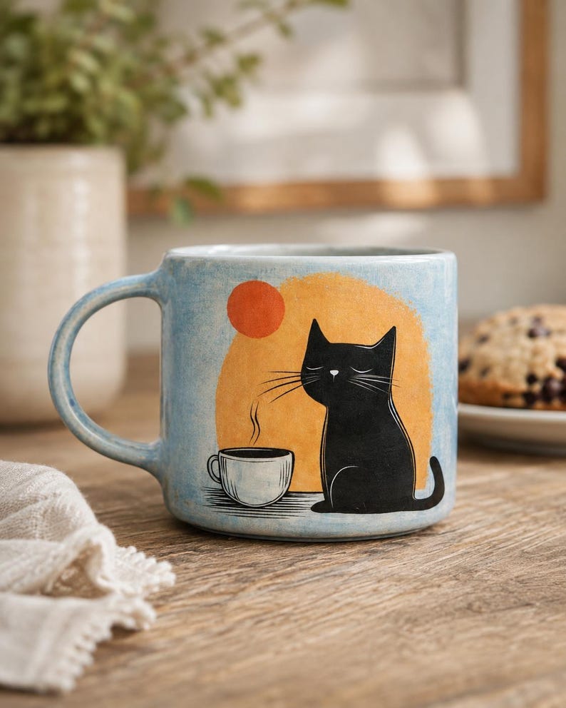Schwarzer Keramik-Kaffeebecher mit Katzenmotiv, blauer Glasur und orangefarbenem Sonnenaufgangsmuster; handgefertigter Keramikbecher