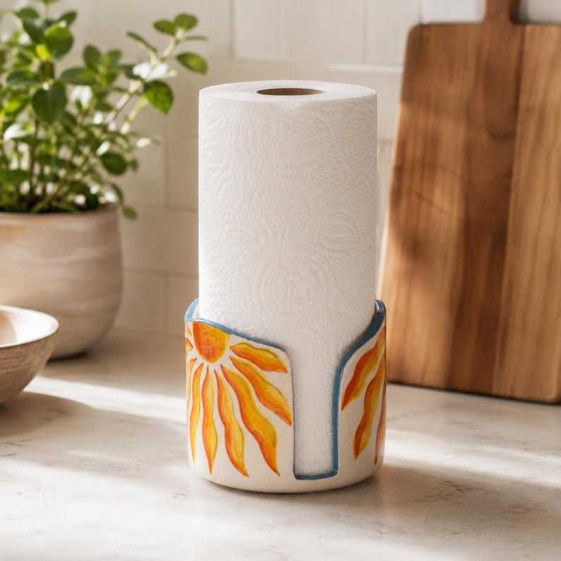 Küchenrollenhalter aus Keramik mit Sonnenblumen-Blumenmuster, handbemalter Ständer für Küchenrollen, Küchenorganizer, Akzent mit blauem Rand, Durchmesser 5–8 Zoll