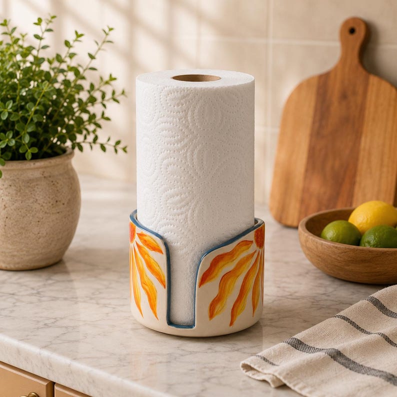 Küchenrollenhalter aus Keramik mit Sonnenblumen-Blumenmuster, handbemalter Ständer für Küchenrollen, Küchenorganizer, Akzent mit blauem Rand, Durchmesser 5–8 Zoll
