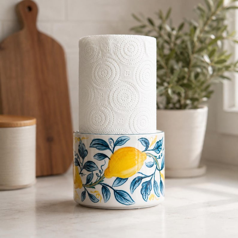 Handbemalter Keramik-Küchenrollenhalter mit Zitronenmotiv – Blaues mediterranes Blumenmuster, Rollenspender für die Arbeitsplatte, 13–20 cm (5–8 Zoll)